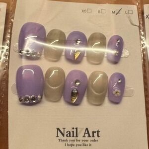 🌸‎ Lilac Dusk Press-On Nail Set – Rhinestone Elegance & Neutral Glam 🌸